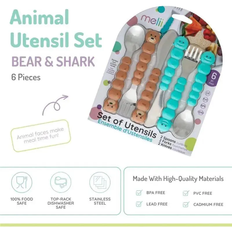Melii - 6Pk Toddler & Kid Feeding Spoon Fork & Knife Set, Bear & Shark - Image 3