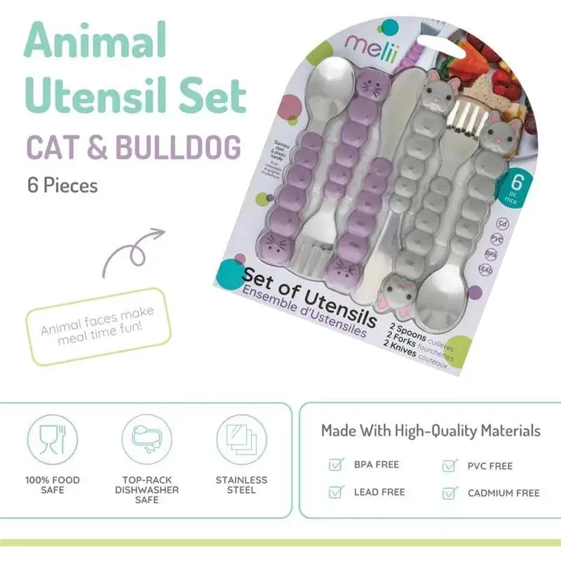 Melii - 6Pk Toddler & Kid Feeding Spoon Fork & Knife Set, Cat & Bulldog - Image 3