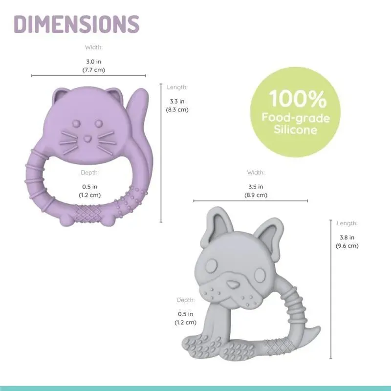 Melii - Baby Teethers, 100% Food Grade Silicone, Multiple Textures, BPA Free, Bulldog & Cat - Image 2