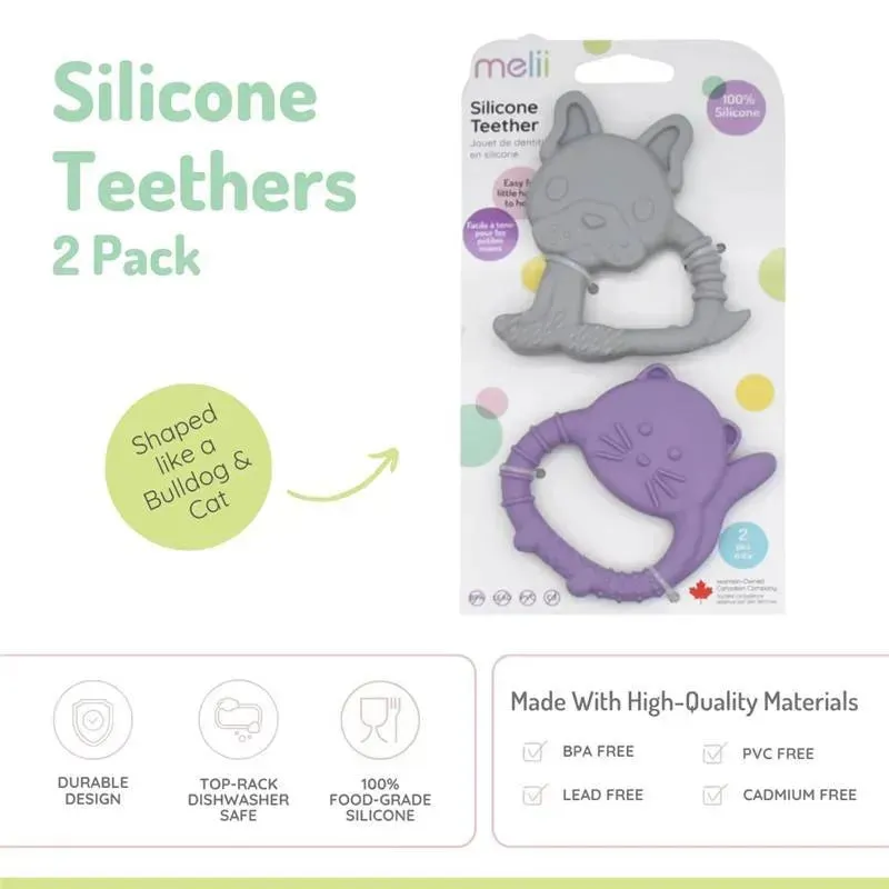 Melii - Baby Teethers, 100% Food Grade Silicone, Multiple Textures, BPA Free, Bulldog & Cat - Image 3