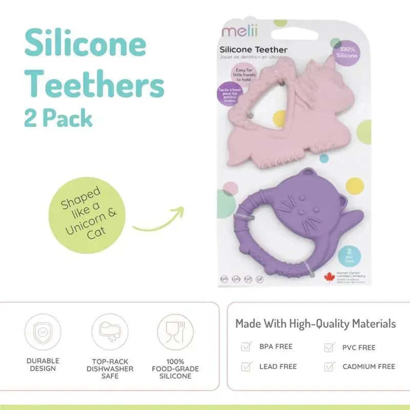 Melii - Baby Teethers, 100% Food Grade Silicone, Multiple Textures, BPA Free, Unicorn & Cat - Image 2