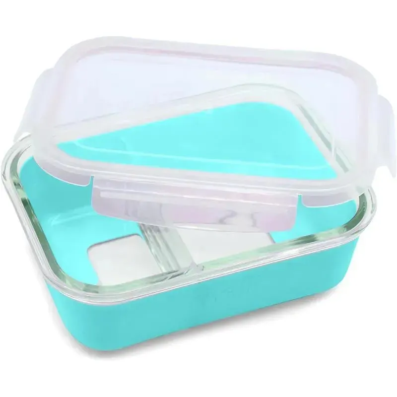 Melii - Glass Bento Box with Sleeve, Oven, Microwave, Freezer & Dishwasher safe, 25oz, Blue
