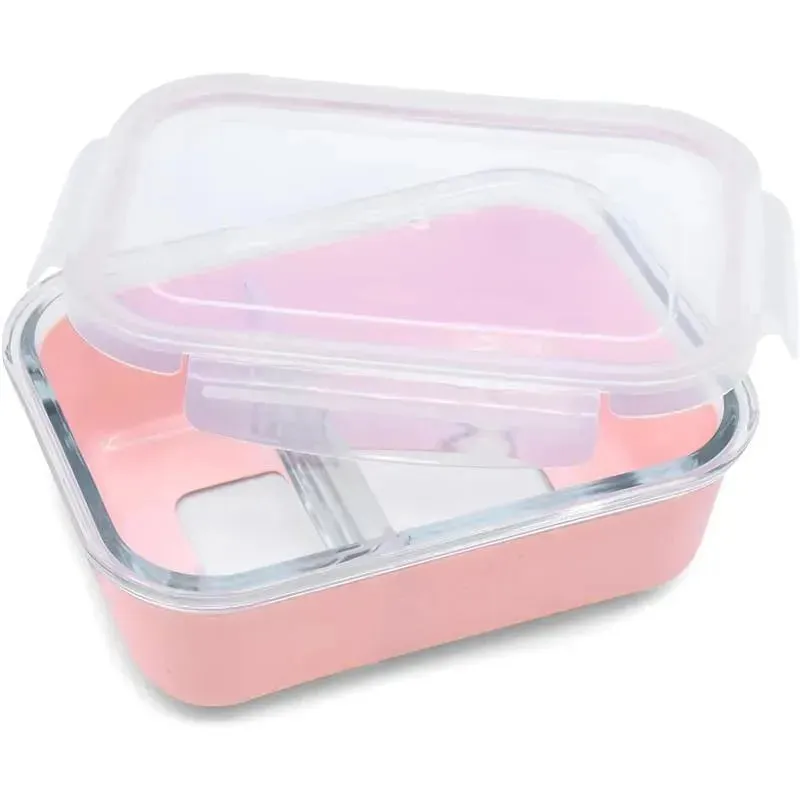 Melii - Glass Bento Box with Sleeve, Oven, Microwave, Freezer & Dishwasher safe, 25oz, Pink