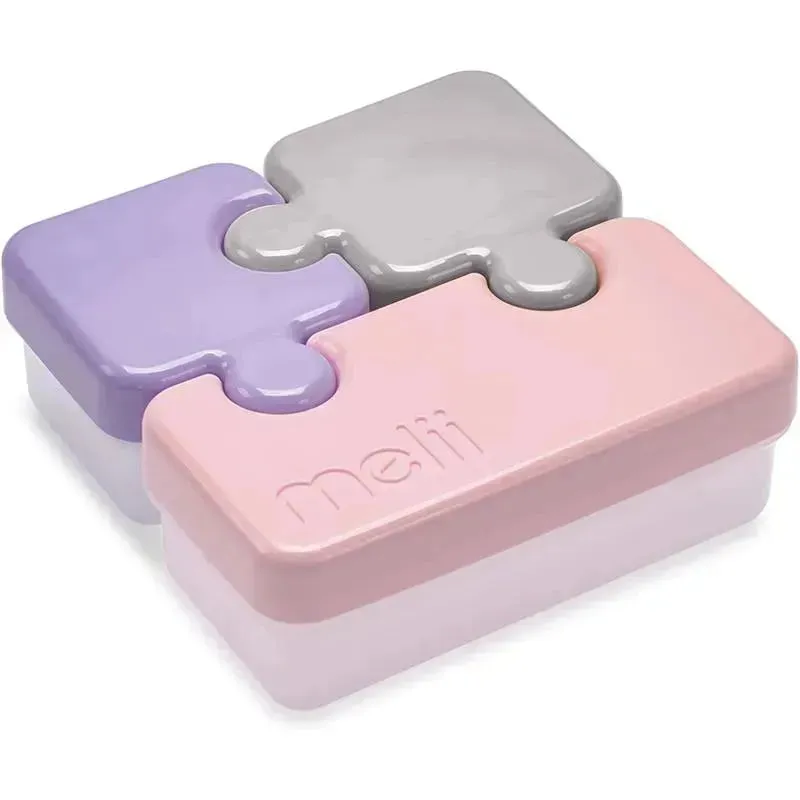 Melii - Puzzle Bento Box Food Storage Container, 3 Compartments, Pink, Purple & Grey