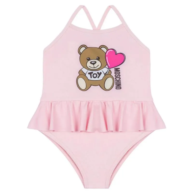Moschino Baby - Girl Ruffled Swimsuit With Bear Heart Print, Light Pink