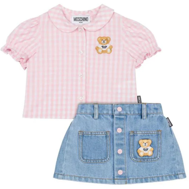 Moschino Baby - Girl Short Sleeve Gingham Blouse Bear Patch Denim Skirt