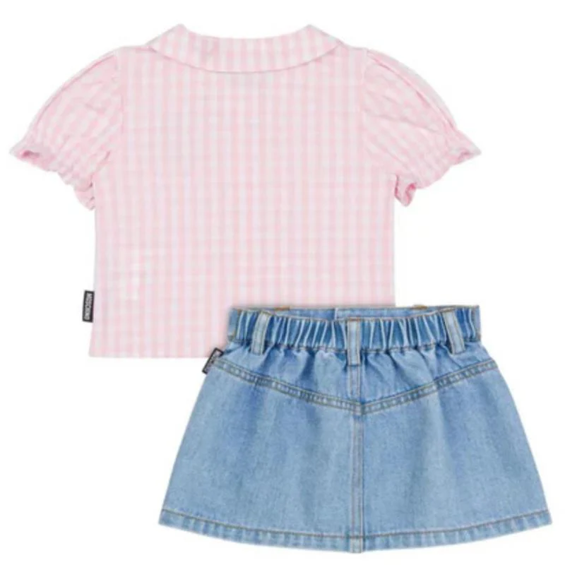 Moschino Baby - Girl Short Sleeve Gingham Blouse Bear Patch Denim Skirt - Image 2