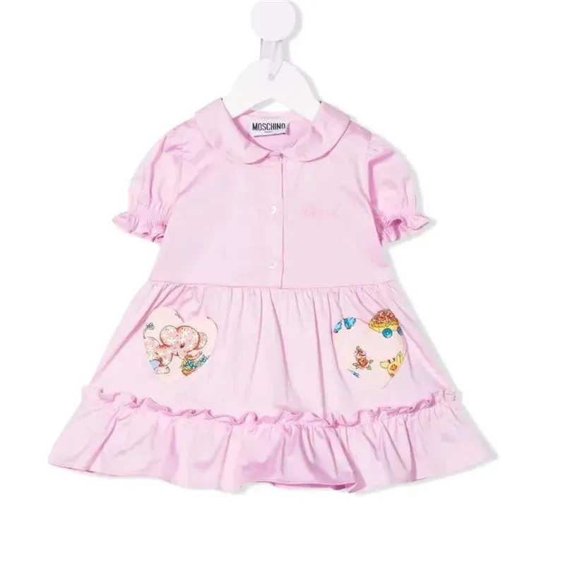Moschino Baby - Girl Short Sleeve Ruffled Dress With Collar And Hearts, Light Pink