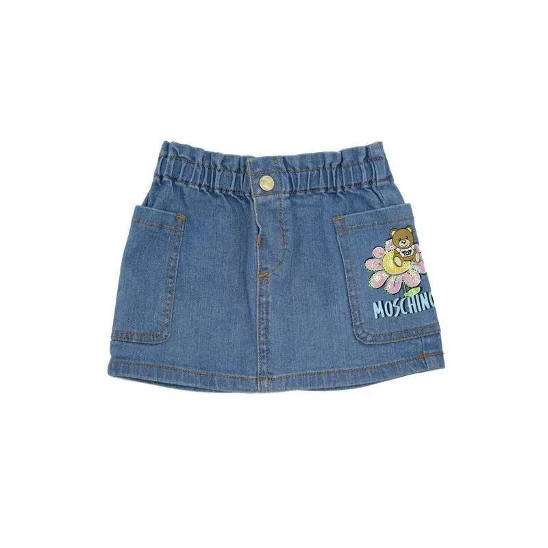 Moschino Baby - Girls Denim Stretch Skirt Bear Flower Sequin, Baby Blue