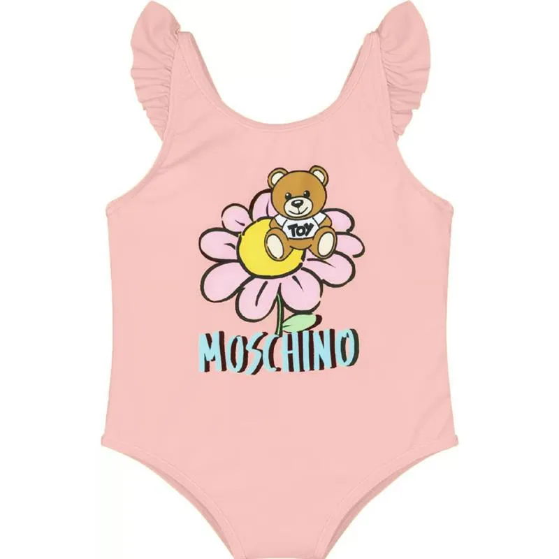 Moschino Baby - Girls Ruffle Swimsuit With Bear Logo Flower Print, Sugarrose