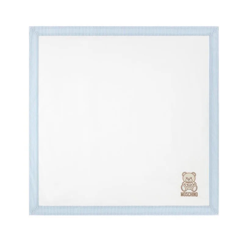 Moschino Baby - Popeline Striped Blanket With Bear Embroidery, Light Blue