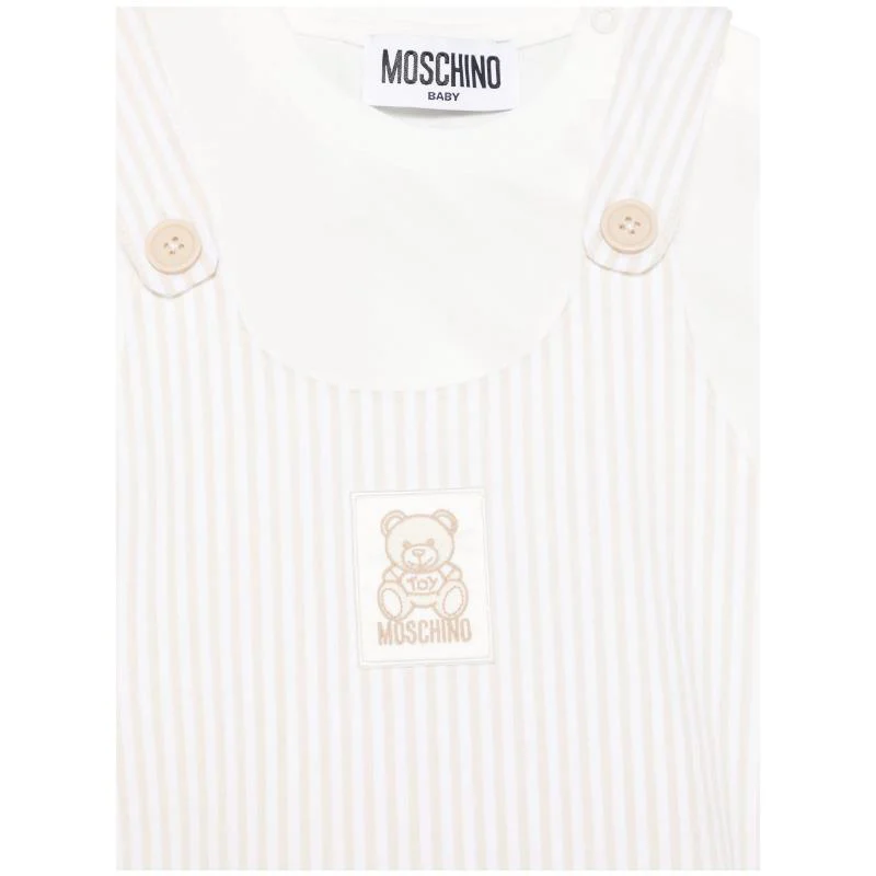 Moschino Baby - Unisex Short Sleeve Tee With Striped Overall And Bear Patch Beige - Image 3