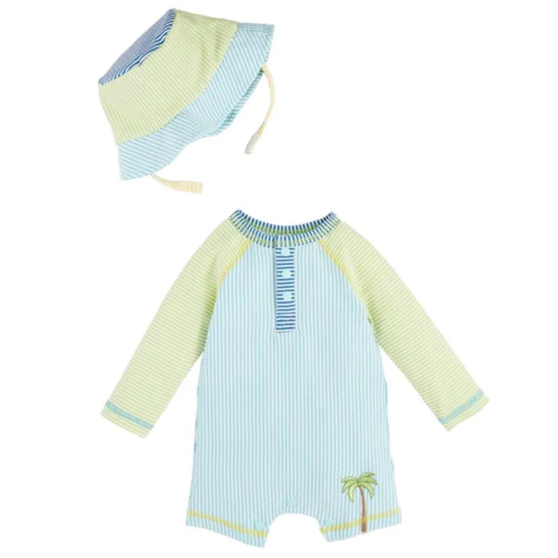 Mud Pie - Baby Boy Seersucker Rashguard One-Piece & Hat Set