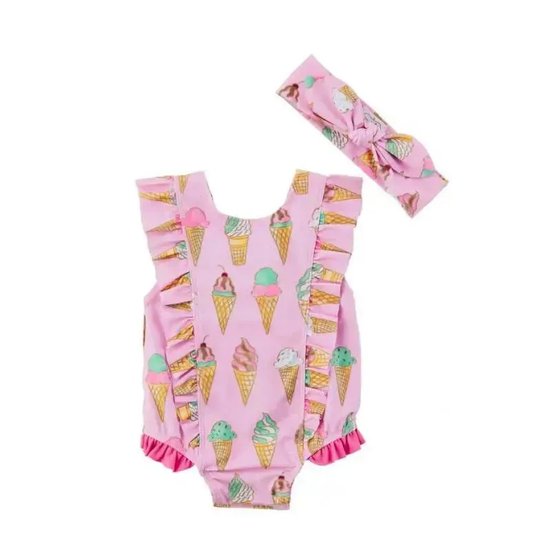Mud Pie - Baby Girl Ice Cream Swimsuit & Headband Set
