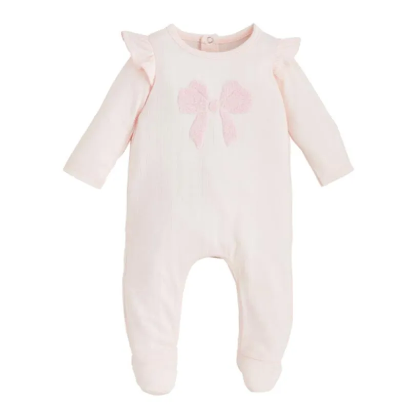 Mud Pie - Baby Girl Pink Boucle Bow Sleeper, 6/9M