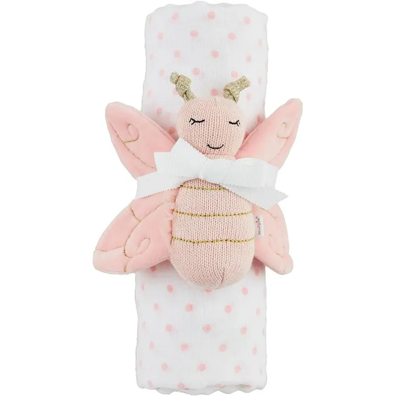 Mud Pie - Baby Girl Pink Dot Swaddle & Rattle Set