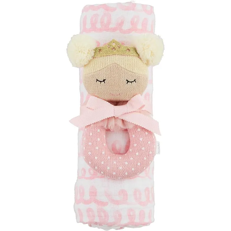 Mud Pie - Baby Girl Pink Swirl Swaddle & Rattle Set