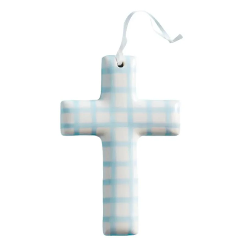 Mud Pie Blue Checkerboard Ceramic Crosses