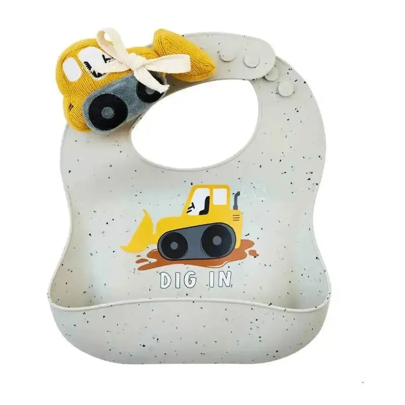 Mud Pie - Bulldozer Silicone Bib Baby Rattle Set