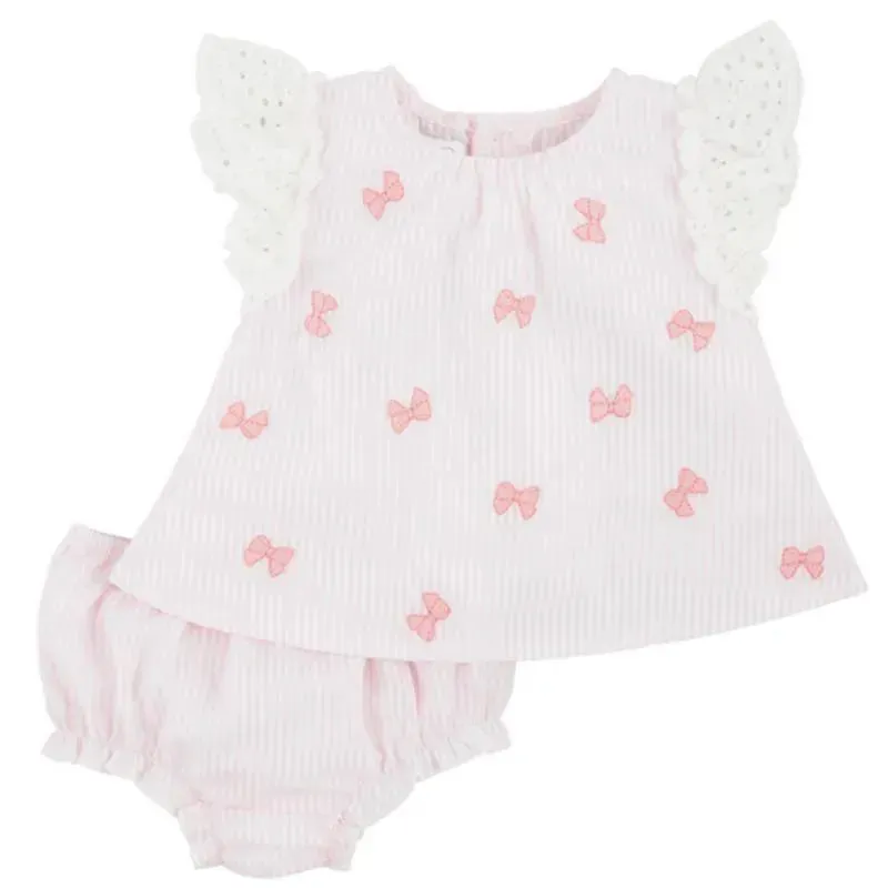 Mud Pie - Embroidered Pink Bow Pinafore Set