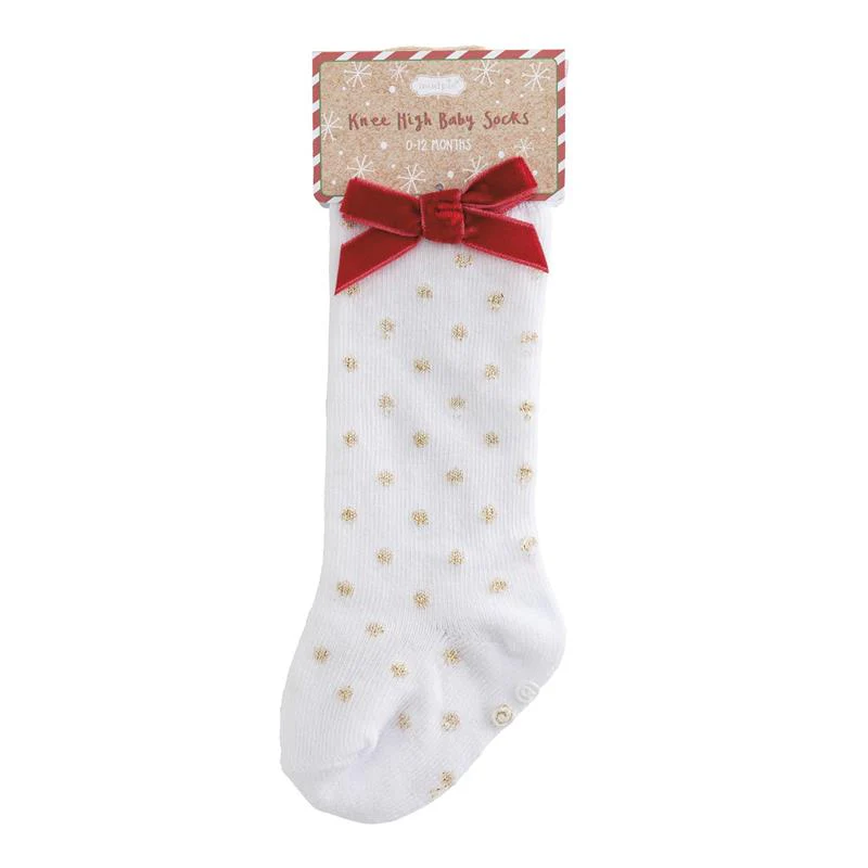 Mud Pie - Kids Christmas Tall Gold Dot Bow Socks
