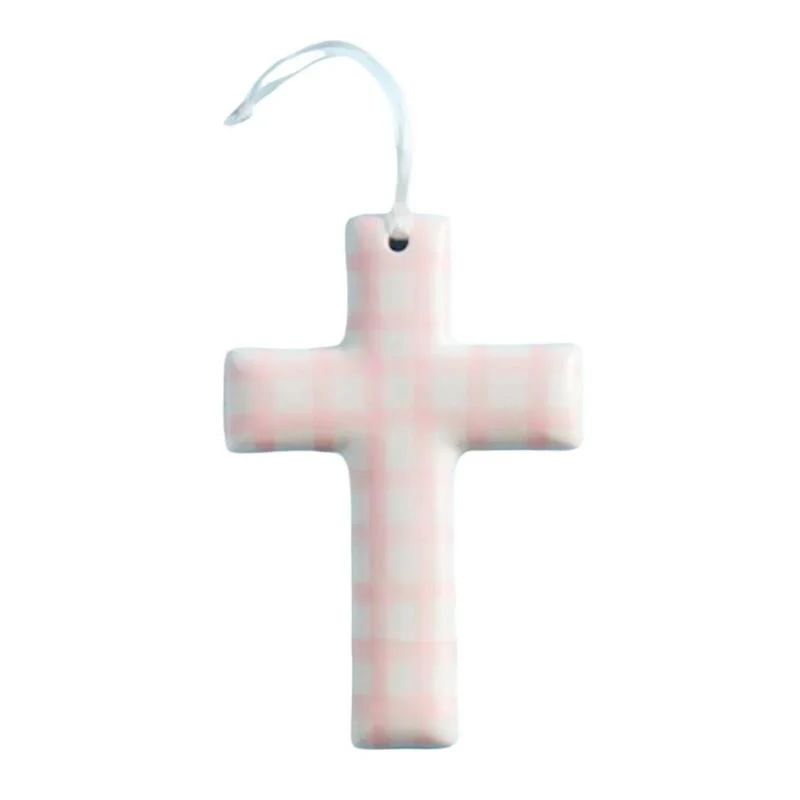 Mud Pie Pink Checkerboard Ceramic Crosses