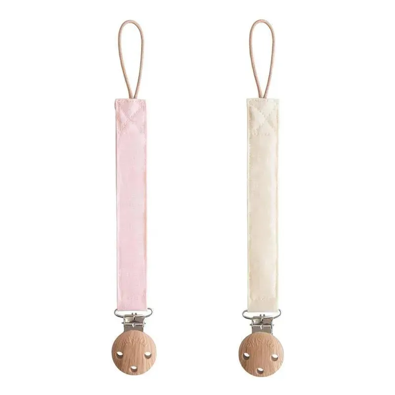 Mushie - Linen Baby Pacifier Clip Holder, Soft Fabric Strap, 2-Pack, Blush/Cream
