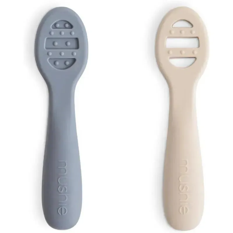 Mushie - Silicone First Feeding Baby Spoons, 2 Pack, Tradewinds, Shifting Sand