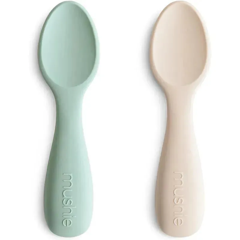 Mushie - Silicone Toddler Starter Spoons, 2 Pack, Cambridge Blue/Shifting Sand