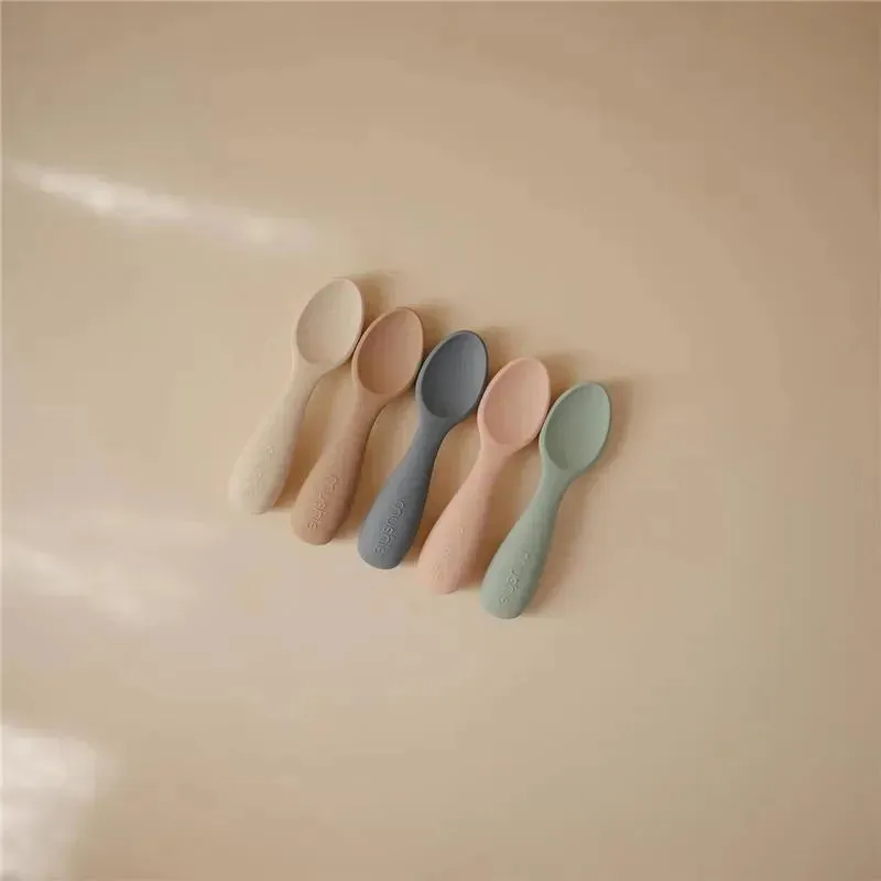 Mushie - Silicone Toddler Starter Spoons, 2 Pack, Cambridge Blue/Shifting Sand - Image 4