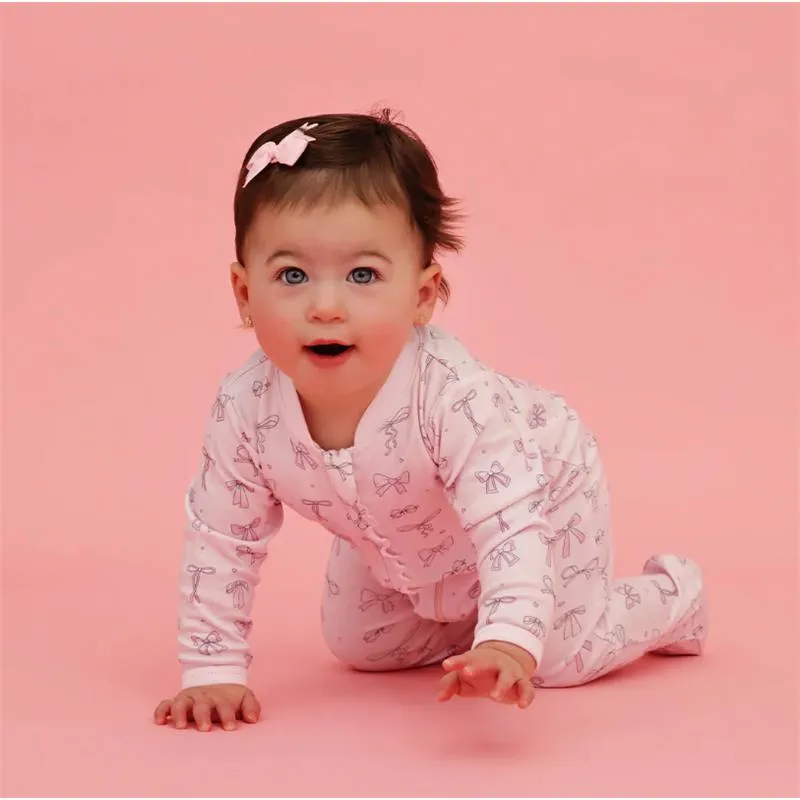 Noomie - Baby Girl Bows Zipper Footie With Ruffles