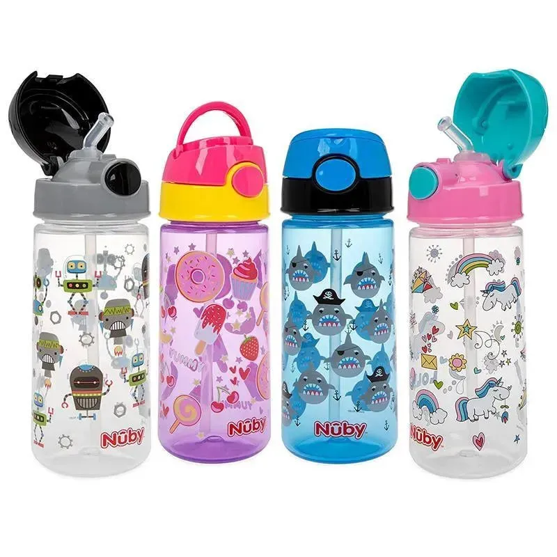 Nuby - 2Pk Kid’s Printed Flip-it Active Water Bottle 18M+, Prints May Vary
