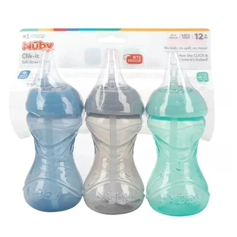 Nuby - 3Pk Clik-It Flexi-Straw Cup10Oz, Aqua/Grey/Blue - Image 2