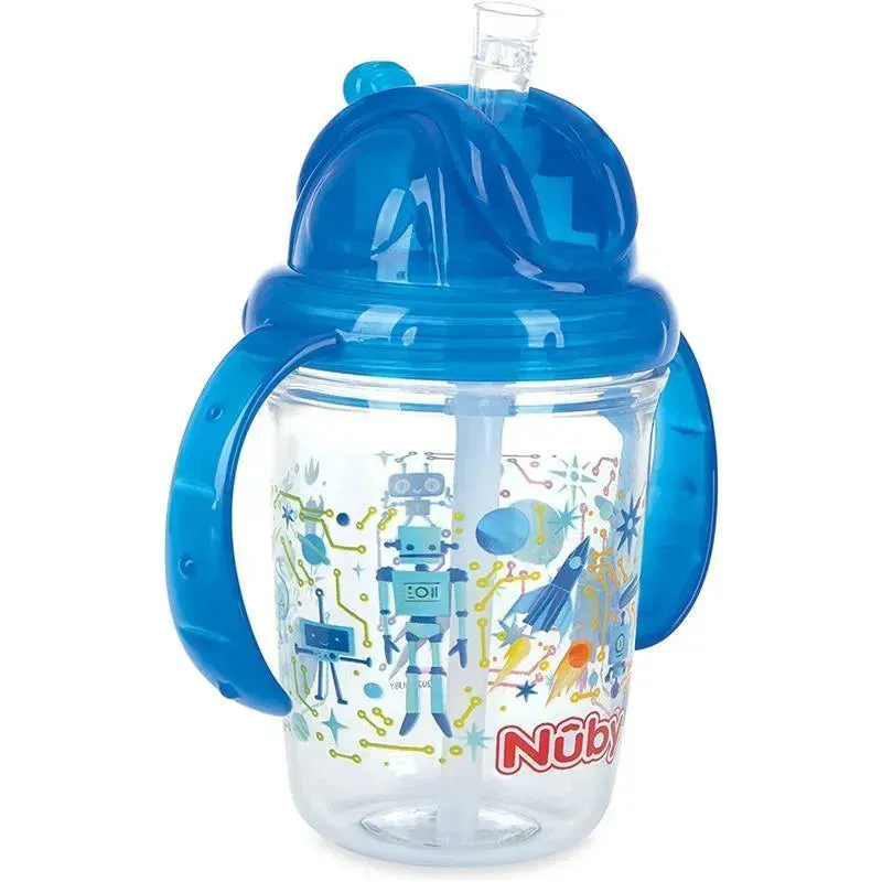 Nuby - Blue Tritan 2 Handle No-Spill Flip-it Fat Straw Printed Cup, 8Oz