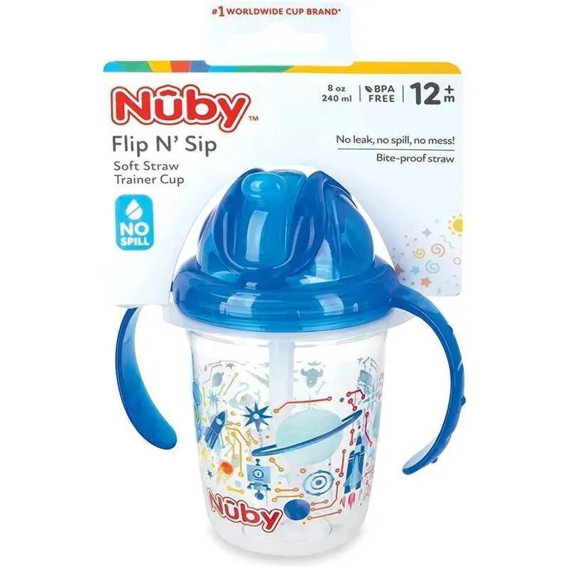 Nuby - Blue Tritan 2 Handle No-Spill Flip-it Fat Straw Printed Cup, 8Oz - Image 2