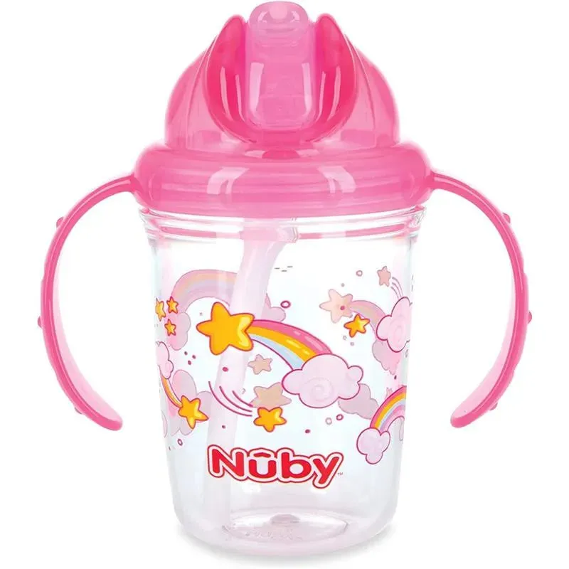 Nuby - Pink Tritan 2 Handle No-Spill Flip-it Fat Straw Printed Cup, 8Oz