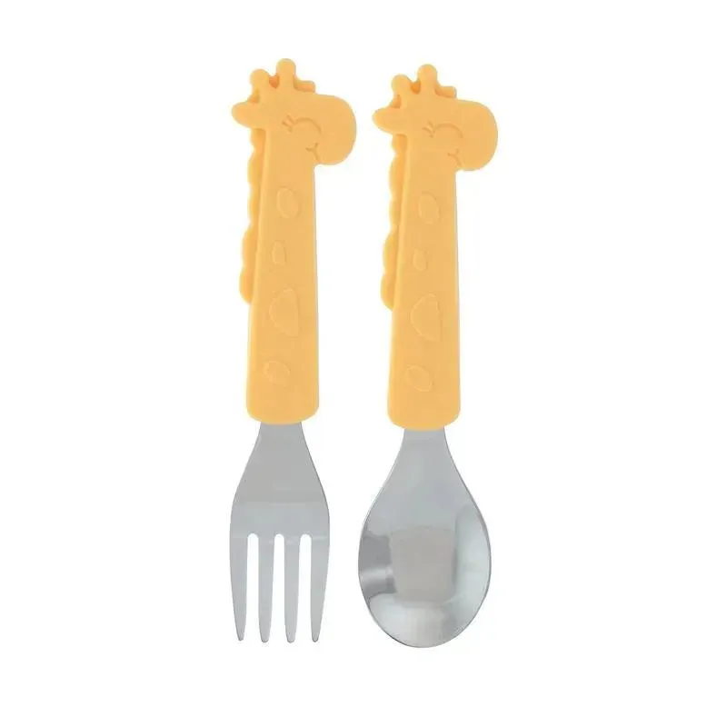 Nuby - Silicone Stainless Steel Giraffe Fork & Spoon - Yellow