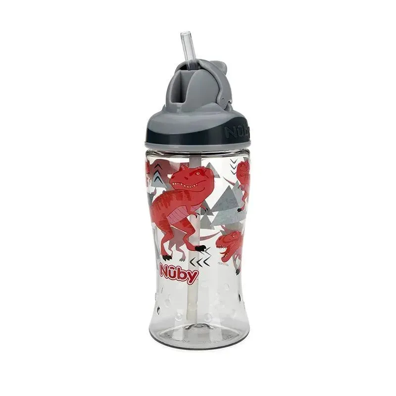 Nuby - Thirsty Kids 12Oz No Spill Thin Straw Printed Flip-It Boost, Grey