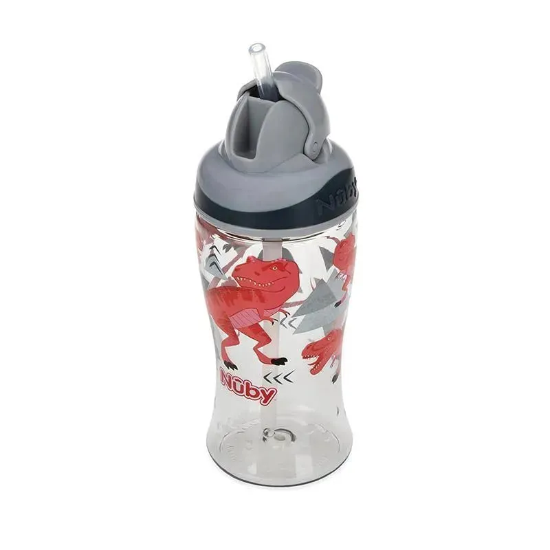 Nuby - Thirsty Kids 12Oz No Spill Thin Straw Printed Flip-It Boost, Grey - Image 3