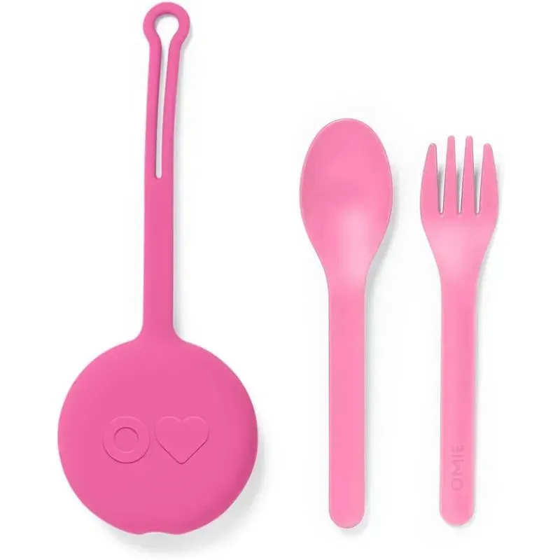 OmieBox - 2Pk Plastic Reusable Fork & Spoon Silverware, Bubble Pink