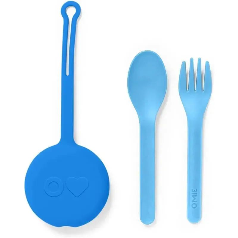 OmieBox - 2Pk Plastic Reusable Fork & Spoon Silverware with Pod for Kids, Capri Blue