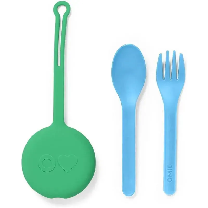 OmieBox - 2Pk Plastic Reusable Fork & Spoon Silverware with Pod for Kids, Mint Green