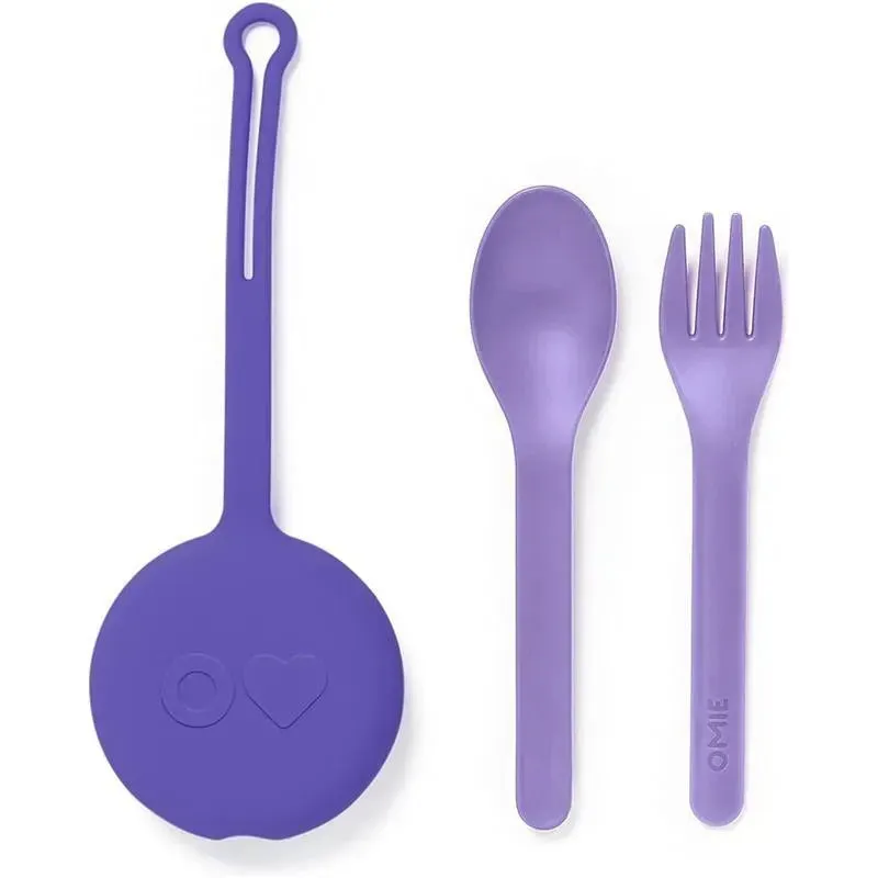 OmieBox - 2Pk Plastic Reusable Fork & Spoon Silverware with Pod for Kids, Purple Plum