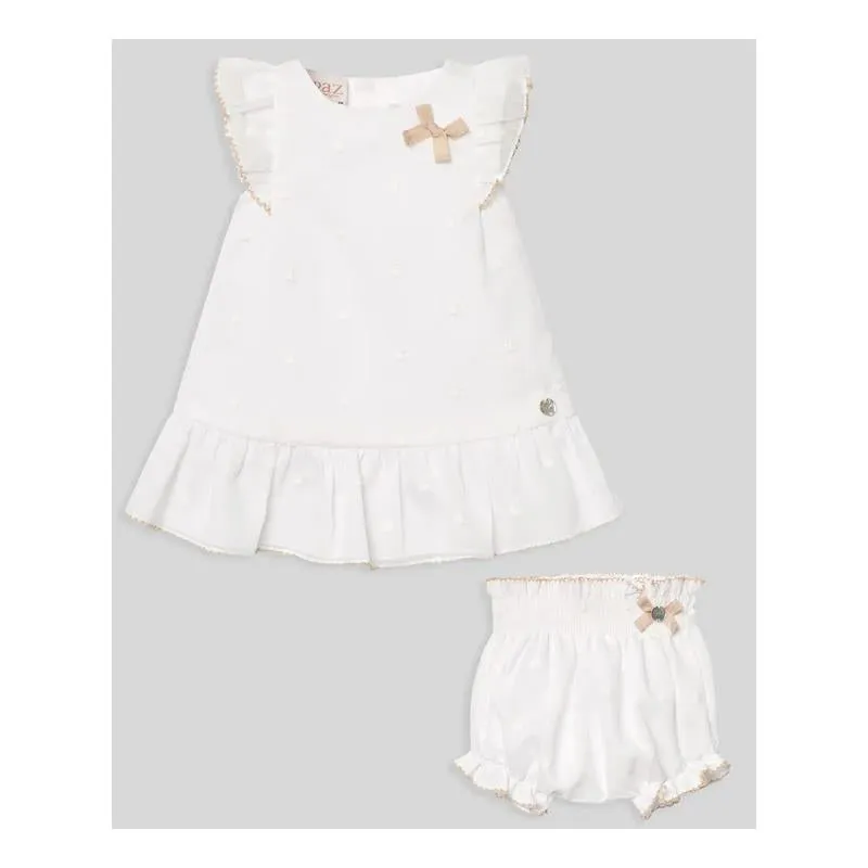 Paz Rodriguez - Baby Girl Set Woven Newborn Dress + Bloomers Lino, White