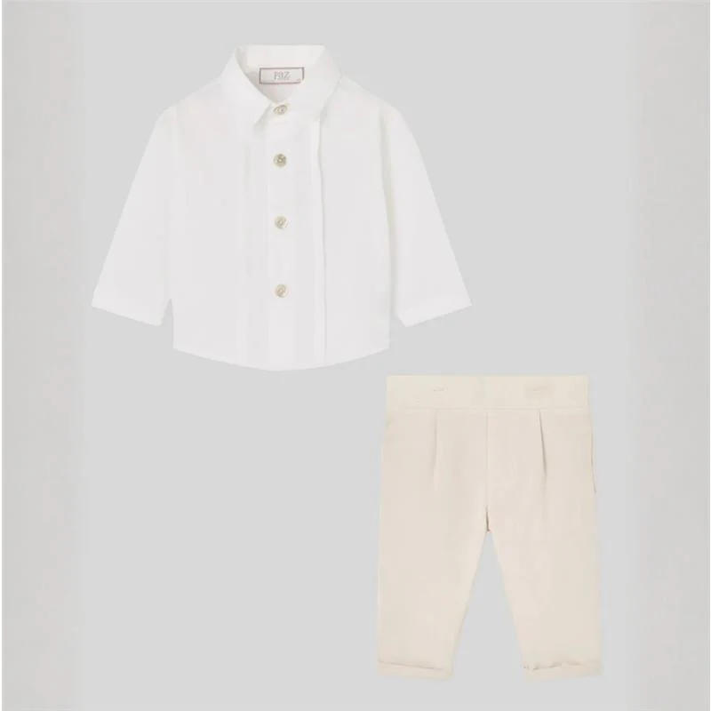 Paz Rodriguez Baby Set Woven Shirt + Shorts, White/Light Brown