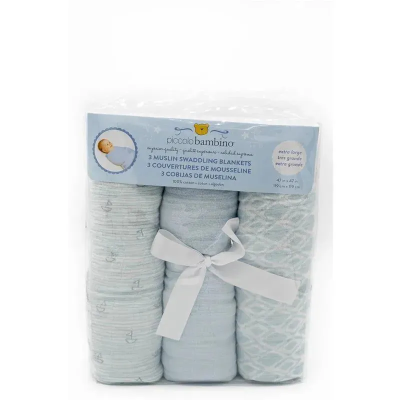 Piccolo Bambino 3pk Different Patterns Muslin Swaddle Blankets Boy - Image 2