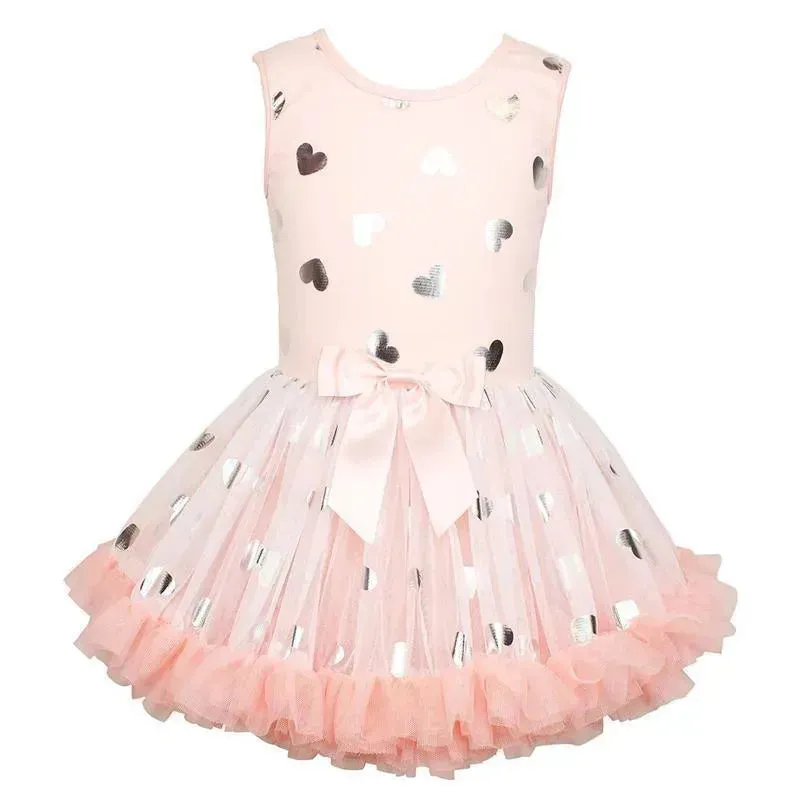 Popatu - Little Girls Metallic Heart Petti Dress, Pink