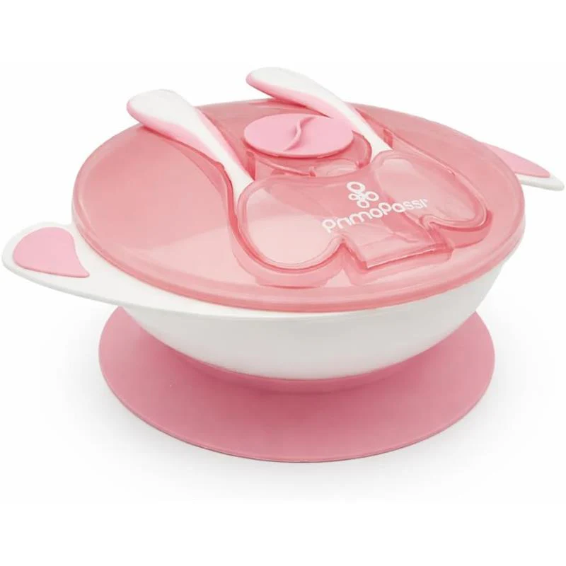 Primo Passi Baby Suction Bowl with Lid, Fork & Spoon Set, Light Pink