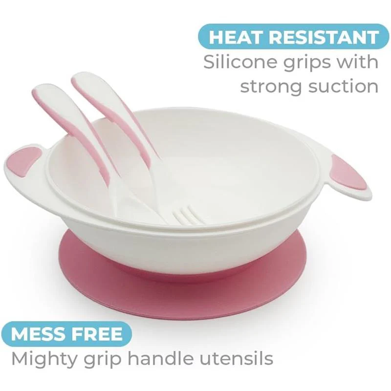 Primo Passi Baby Suction Bowl with Lid, Fork & Spoon Set, Light Pink - Image 2
