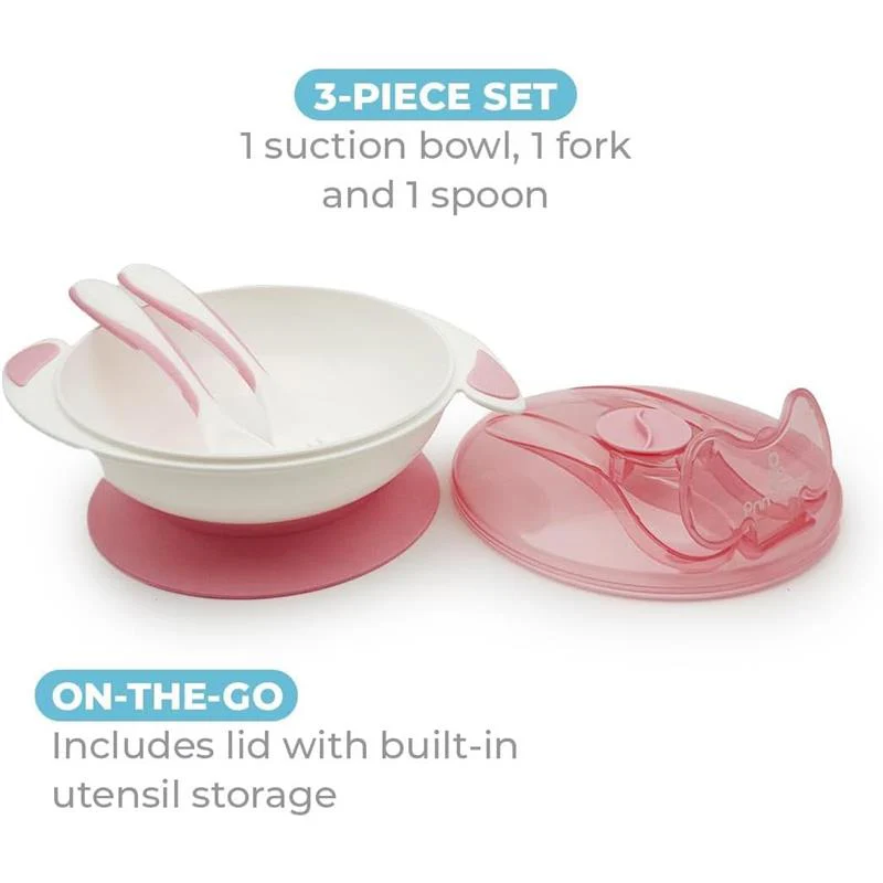 Primo Passi Baby Suction Bowl with Lid, Fork & Spoon Set, Light Pink - Image 3